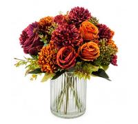 Jadeunm 3 Bunches Artificial Flowers, Artificial Hydrangea with Silk Rose Daisy, Red Orange Artificial Flowers Faux Rose Daisy Flower Bouquet for Wedding Party Table Centerpieces Floral Home Decor