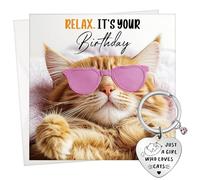 Jadive 2 Pcs Cat Birthday Card and Keyring Gifts for Women Funny Birthday Gifts Present Cards with Stainless Steel Heart Shape Keychain and White Envelope for Her Mum Sister Daughter Who Loves Cats