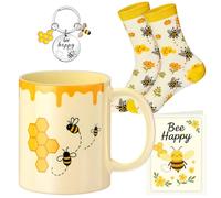Jadive 4 Pcs Cute Bee Happy Themed Gifts Set for Women Includes Honeycomb Ceramic Mug, Yellow Cotton Socks, Honeycomb Keychain and Greeting Card for Bee Birthday Christmas Party Supplies Present
