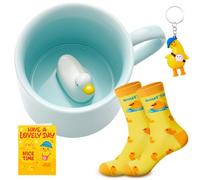 Jadive 4 Pcs Duck Gift Set Cute Yellow 3D Duck Mug with Cute Cotton Socks, Keychain and Greeting Card, Gift for Women, Birthday