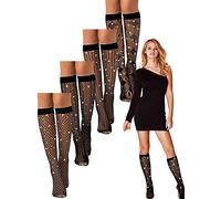 Jadive 4 Pcs Knee High Stockings for Women Mesh Rhinestone Socks Black Lace Fishnet Socks Sparkly for Dress