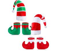 Jadive 6 Pcs Adults Christmas Elf Shoes Hat Green White Xmas Costume Accessories Set Red Candy Shoes Prom Dress up Gifts