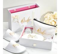 Jadive 6 Pcs Bride Gifts Box Set -Large Bridesmaid Proposal Gift Box with Slippers, Make up Bag, Makeup Mirror, White Scrunchie and Silk Eye Mask,Bridesmaid Gift for Team Bride Proposal Present