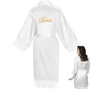 Jadive Bride Bridal Embroidery Soft Wedding Robes with Lace Trim Embroidery Satin White Robe for Women Bridal Party Kimono Wedding Sleepwear Getting Ready