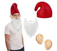 Jadive Dwarf Costume Set for Adults, 1 Red Dwarf Hat, 1 White Dwarf Beard and 1 False Ears for Carnival Costume, Santa Claus Pointed Hat for Fancy Dress, Halloween, Christmas