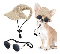 Jadive Medium Dog Sun Hat with Ear Holes, Dog Cat Sunglasses with Anti-Slip Silicone Rope Baseball Cap Adjustable Puppy Sunbonnet Headdress Beach Visor Hat for Puppies Summer Outdoor(Khaki)