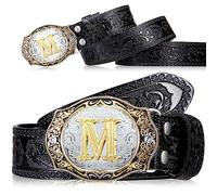Jadive Mens Cowboy Belt with Buckles Western Initial Leather Belts for Men with Letters for Jeans Women Cowgirl Rodeo(Letter M)