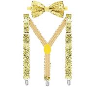 Jadive Set of 2 Bow Ties with Braces and Glitter Sequins Bow Tie for Disco Carnival (Braces and Bow Tie with Sequins, Gold)