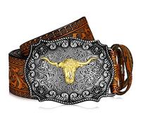 Jadive Western Leather Buckle Belts Longhorn Cow Pattern Buckle Belt Floral Engraved Buckle Belt for Men(43 Inch,Camel)