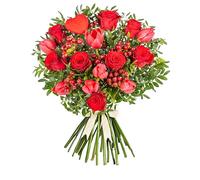 J'adore - Fresh Flowers - Red roses, vibrant tulips, and red berries set against a backdrop of lush forest greens - Valentines Flowers - Gifts for Her - Valentines Bouquet (Large)