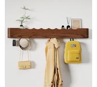 Jadoxy Coat Rack Wall Mount with Shelf 8 Hidden Hooks Modern Wooden Key Holder Entryway Organizer for Hallway Bedroom Bathroom Home Decor Storage for Hanging Coats Hats Bags Towels, Wave-Shape Walnut