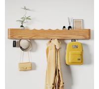 Jadoxy Coat Rack Wall Mount with Shelf 8 Hidden Hooks Modern Wooden Key Holder Entryway Organizer for Hallway Bedroom Bathroom Home Decor Storage for Hanging Coats Hats Bags Towels, Wave-Shape Oak