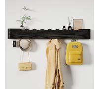 Jadoxy Coat Rack Wall Mount with Shelf 8 Hidden Hooks Modern Wooden Key Holder Entryway Organizer for Hallway Bedroom Bathroom Home Decor Storage for Hanging Coats Hats Bags Towels, Wave-Shape Black