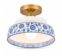 Jadssox Blue and White Ceramic Ceiling Light Vintage Gold Semi Flush Mount Ceiling Lamp, Porcelain Close to Ceiling Lights for Hallway Kitchen Entryway Foyer Balcony
