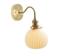 Jadssox Brass Wall Light White Ceramic Wall Sconce Modern Globe Wall Lamp, Bedroom Bedside Sconces Wall Lighting, Ribbed Ceramic Wall Lamps for Living Room Kitchen Restaurant