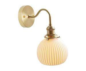 Jadssox Brass Wall Light White Ceramic Wall Sconce Modern Globe Wall Lamp, Bedroom Bedside Sconces Wall Lighting, Ribbed Ceramic Wall Lamps for Living Room Kitchen Restaurant