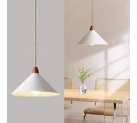 Jadssox Nordic Pendant Light White Metal Hanging Ceiling Lamp, Wood Grain Accent Dining Table Lighting Fixture, Modern Pendant Lights for Living Room Bedroom Restaurant Shop(35 * 18cm)