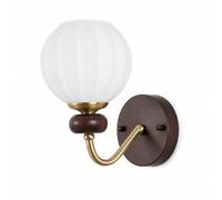 Jadssox Solid Wood Wall Sconce Walnut Vanity Light Fixture Milk Glass Globe Wall Lighting, Vintage Gold Wall Lamp with Ribbed Glass Shade, Living Room Wall Lamps Bedroom Lights