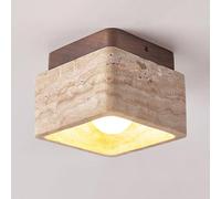 Jadssox Square Stone Ceiling Light Wabi Sabi Travertine Close to Ceiling Lamp, Wood Base Semi Flush Mount Ceiling Lighting Fixture, Nordic Ceiling Lamps for Entryway Hallway(Walnut)
