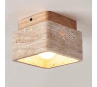 Jadssox Square Stone Ceiling Light Wabi Sabi Travertine Close to Ceiling Lamp, Wood Base Semi Flush Mount Ceiling Lighting Fixture, Nordic Ceiling Lamps for Entryway Hallway(Wood)