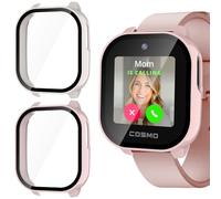 JADTILXY Case with Tempered Glass Compatible with Cosmo JrTrack 5 Kids Smart Watch, 2-Pack Hard PC Cover HD Glass Screen Protector Case Anti-scratch Shell for Cosmo JrTrack 5 (Pink+Cream)