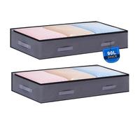 JAECU 2pcs 90L Under Bed Storage Bags, Foldable Clothing Storage Containers with Clear Window, Closet Organizers for Duvet Blanket Clothing, Grey