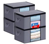 JAECU 4pcs 90L Storage Bags with Reinforced Handle, Large Capacity Clothing Storage Containers, Foldable Closet Organizers for Clothes, Duvets, Blankets, Beddings, Grey