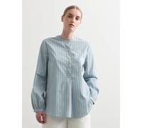 JAEGER Pure Cotton Striped Collarless Shirt Blue/White