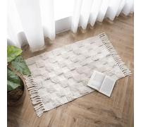 JaeMoose Cotton Rug Tufted Cotton Rug Washable Retro Hallway with Tassels Moroccan Boho Rugs for Living Room Bedroom Front Door (Beige Checkerboard, 60 x 90 cm)