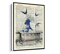 Jaesxxco Bathroom Decor,Giant Great Wave Ocean Art Poster,Birds Book Page Print Canvas Wall Art For Living Room Bedroom Office Home Decoration Artwork 121X6Inch Unframed