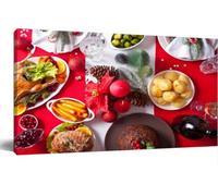 Jaesxxco Canvas Painting Wall Art Table Served Thanksgiving Christmas Dinner Stuffed Roasted Turkey Wall Decor For Vintage Poster Print For Living Room Bedroom Office Home Unframed 12x16Inch