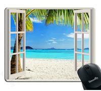 Jaesxxco Gaming Mouse Pad Custom,Ocean Mouse Pad,Tropical Palm Trees On An Island Beach Through White Wooden Windows Non-Slip Rubber Mouse Pad 7.9X9.4 Inch