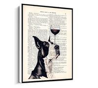 Jaesxxco Great Dane With Wine Glass,Black And White,Art Print On Book Page Canvas Wall Art For Living Room Bedroom Office Home Decoration Artwork 121X6Inch Unframed