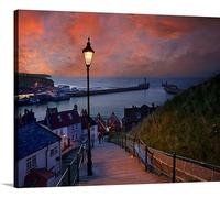 Jaesxxco Whitby at dusk 199 steps leading down from Abbey Canvas Wall Art Decor Paintings Pictures for Bedroom Wall Decor Above Bed Living Room Wall Decoration Bathroom Office Artwork 12x16inch