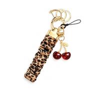 Jafaharug Leopard Wristlet Keychain for Women, Cherry Key Ring Holder | Stylish leopard scrunchie keychain wristlet with cherry charm. Practical hands-free design for everyday use.