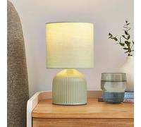 jafe Small Yet Elegant Ceramic Table Lamp for Bedside, Office, Bedroom, Living Room, Dorm, Desk, Kids Room and Reading with Minimalist Ribbed Base and Warm Fabric Satin Shade (Sage Green)