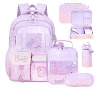 Jafeton Backpacks for Girls, Girls Backpack with 34OZ Lunch Box 14OZ Water Bottle Lunch Bag Pencil Case for Kids, Purple Pink, M, 5pcs Backpack With Lunch Box and Water Bottle Set
