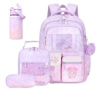 Jafeton Backpacks for Girls, Girls Backpack with 34OZ Lunch Box 14OZ Water Bottle Lunch Bag Pencil Case for Kids, Purple Pink, M, 4pcs Backpack With Water Bottle Set
