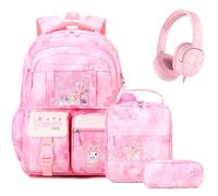 Jafeton Backpacks03, Pink, M, 4pcs Backpack Set With Headphones