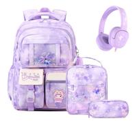 Jafeton Backpacks03, Purple, M, 4pcs Backpack Set With Headphones