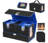 Jaffzora 3-in-1 Commander Deck Box for MTG/TCG - Holds 200+ Double-Sleeved Cards (2 Deck Boxes + Dice Tray), Dual Display Windows, Magnetic PU Leather Storage Case, Black&Blue