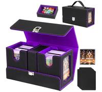 Jaffzora 3-in-1 Commander Deck Box for MTG/TCG - Holds 200+ Double-Sleeved Cards (2 Deck Boxes + Dice Tray), Dual Display Windows, Magnetic PU Leather Storage Case, Black&Purple
