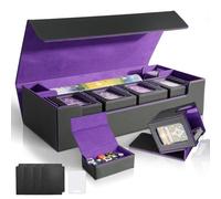 Jaffzora 6-in-1 Large Capacity Card Deck Box Set, Main Case Holds 1400+ Cards, Includes 5 Individual Deck Boxes & Dice Tray, PU Leather Card Storage for MTG Commander/Yugioh/TCG (Black&Purple Set)