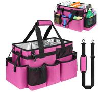 Jaffzora Cleaning Caddy Bag with Handle and Shoulder Strap - Large Multi Pocket Organiser Tote with Detachable Dividers for Cleaning Supplies, Home and Garden Storage(39×20×25cm, Rose Red)