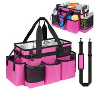 Jaffzora Cleaning Caddy Bag with Handle and Shoulder Strap - Large Multi Pocket Organiser Tote with Detachable Dividers for Cleaning Supplies, Home and Garden Storage (35×18×25cm, Rose red)