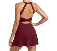 JAFINSY Womens Workout Tennis Dress with Built in Shorts and Bra Athletic Golf Activewear for Exercise, Burgundy, XL