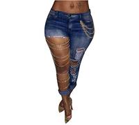 Jag Jeans Solid Slim Jeans Pants Big Trousers Pencil Hole Chain Ripped Women Fashion Denim Pants Ladies Skinny Jeans (Blue, S)