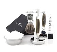 Jag Shaving Men Shaving Kit, 3 Piece Grooming Set, 5 Edge Shaving Razor, Synthetic Hair Shaving Brush, Elegant Shaving Stand with Aftershave Alum Stick, Greenhorn Color