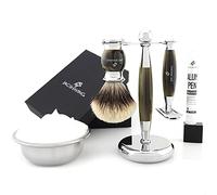 Jag Shaving Men Shaving Kit, 3 Piece Grooming Set, Double Edge Safety Razor, Silvertip Badger Hair Shaving Brush, Elegant Shaving Stand with Aftershave Alum Stick, Greenhorn Color