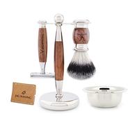 Jag Shaving Set - JAG's LEE Range 5-Piece Shaving Set - Synthetic Silver Tip Hair Shaving Brush - Double Edge Safety Razor - Shaving Stand - Leather Bag for Safety Razor - Safety Bowl - Wood Set